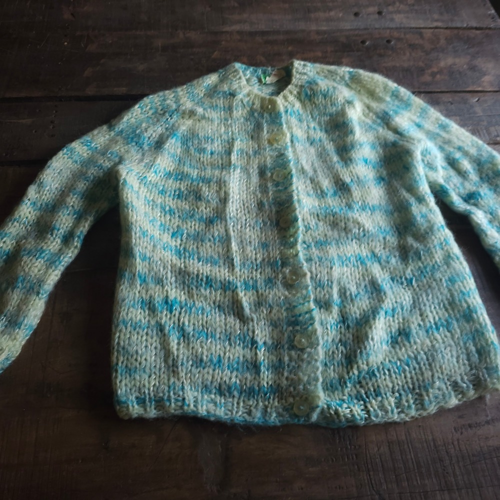 Vintage 60s Hand Knitted Italy Mohair Wool Striped Cardigan Blue 1960s Sweater